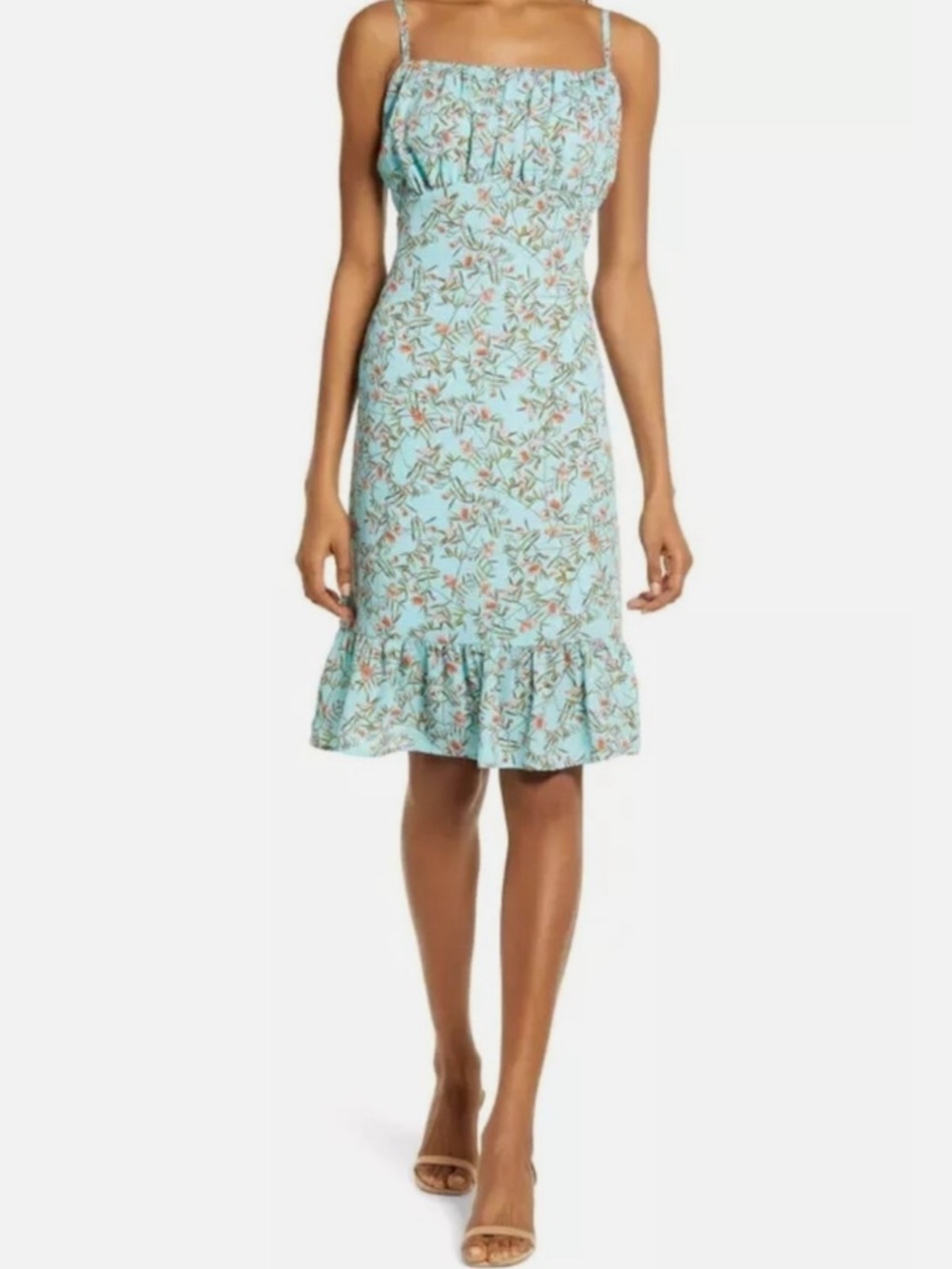 Chelsea28 Gathered Ruffle Dress Turquoise Coral Floral Sleeveless Pleated Size L